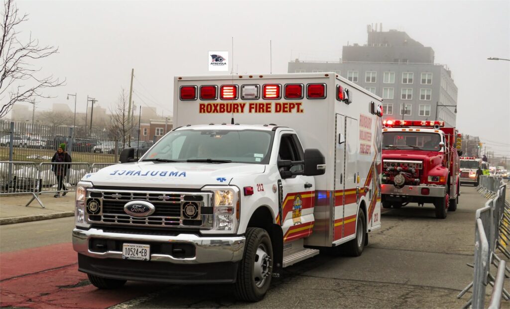 White Ford-based box ambulance marked Roxbury Fire Department and 213.